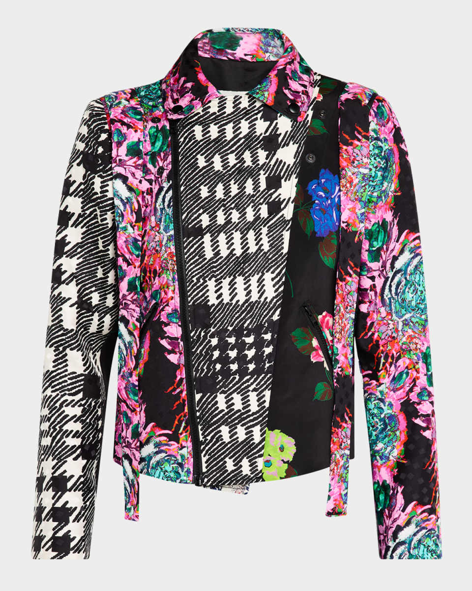 Patchwork Silk Bow-Shoulder Moto Jacket